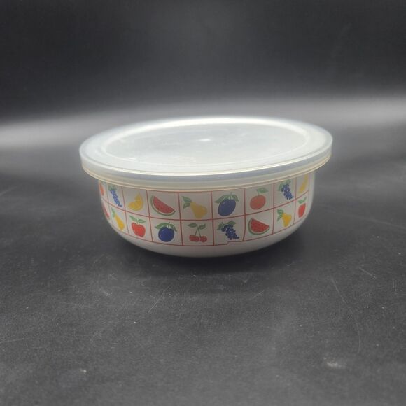 Vtg. Mixed Fruit Metal Enamel Storage Bowl With Lid Colorful Red, Blue, Yellow - Picture 1 of 9